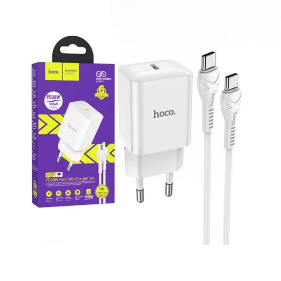 Hoco Innovative Charger Set N27 with Single Port PD20W (Type C to Type C)(EU) White